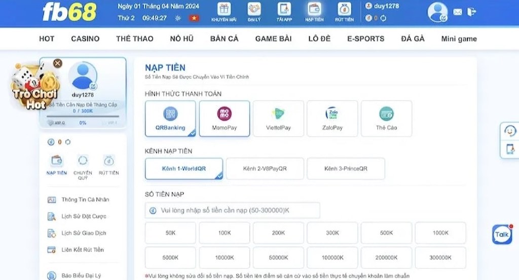 Các bước nạp tiền vào tài khoản qua hình thức QR Banking